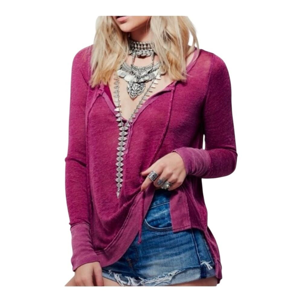 Free People Affogato Hacci We The Free Linen Blend Tie Henley Boho Hippie